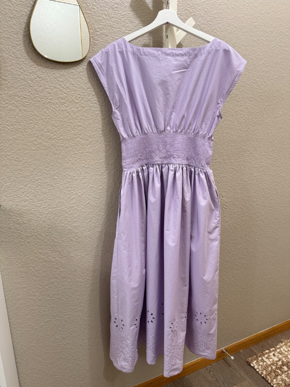 J.Crew Lilac Eyelet Embroidered Midi Dress Smocked Waist Cotton M - Picture 6 of 8
